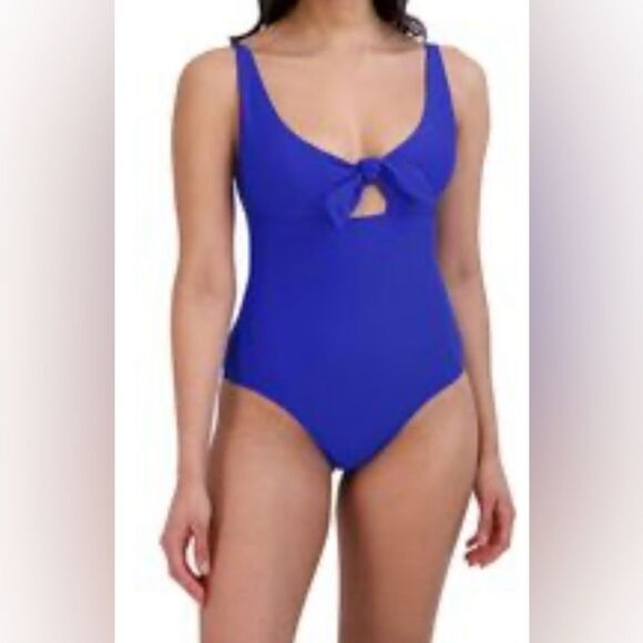 BCBGMAXAZRIA Women's Blue One Piece Swimsuit V Neck Tie Front Cutout Sz L - Picture 8 of 9